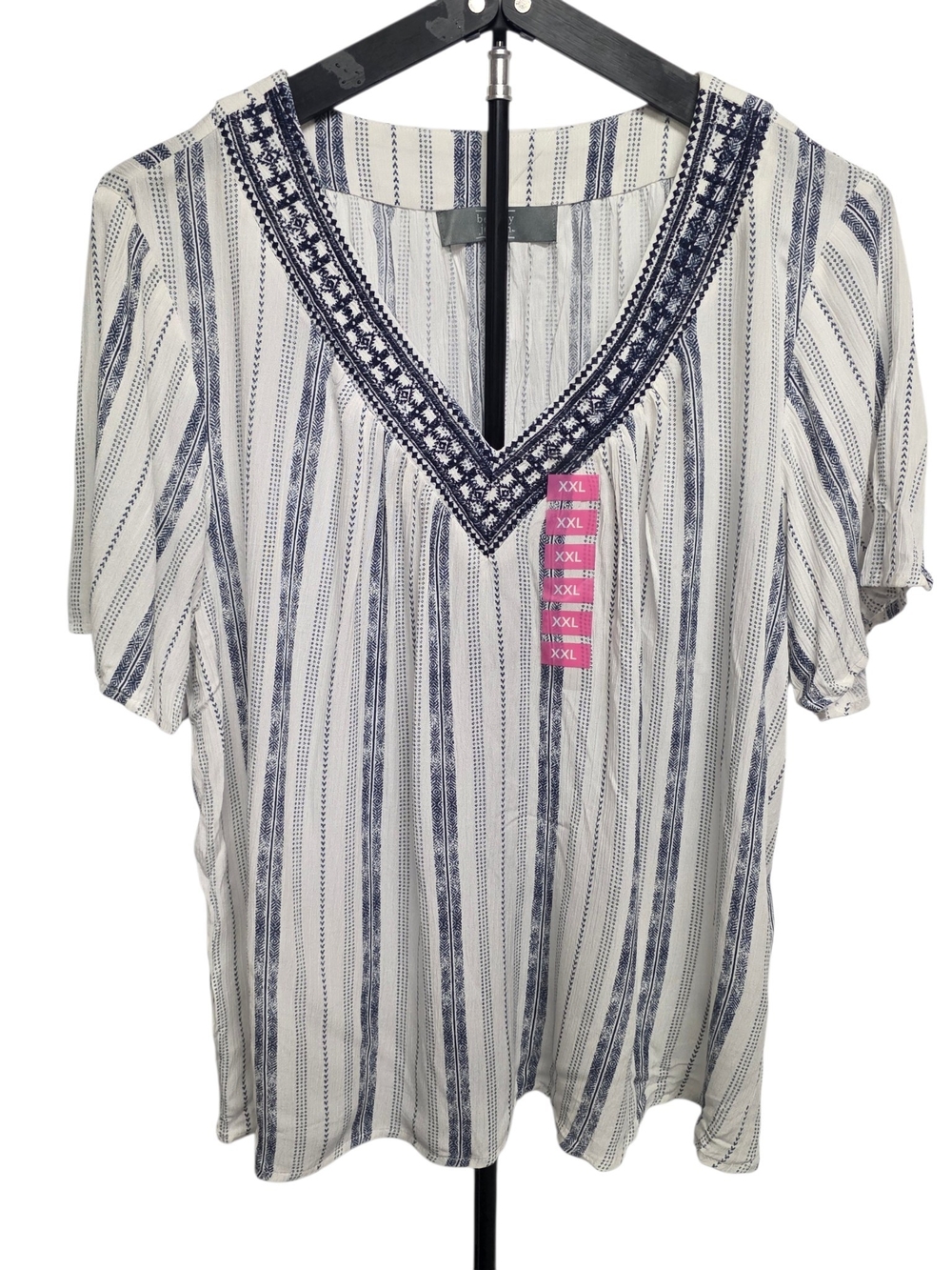 NWT Berkley Jensen Boho Striped Embroidered V-Neck Blouse Top Blue White XXL